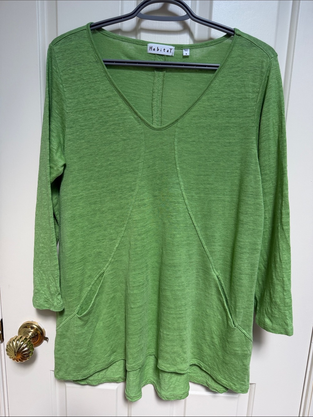Habitat sz S 100% Linen Apple Green top - lagenlook - great w a 1/2 tuck